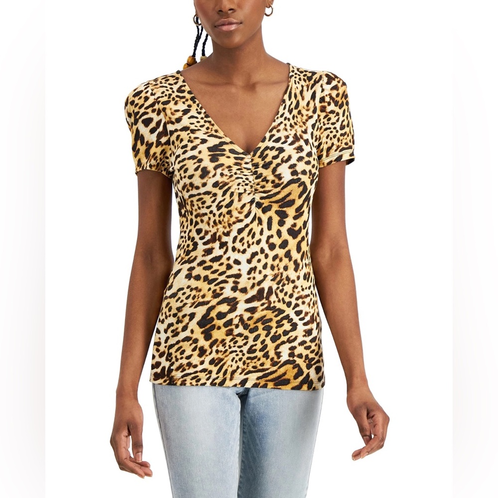 INC International Concepts Animal Print Ruched V-Neck Top Women's Large Cheetah